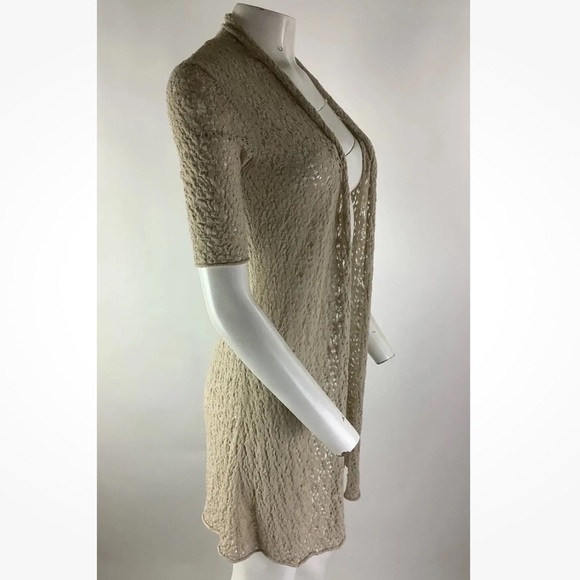 Eileen Fisher Sz XS 100% Wool Open Knit Lightweight Cardigan Tan Open Face - Picture 3 of 6